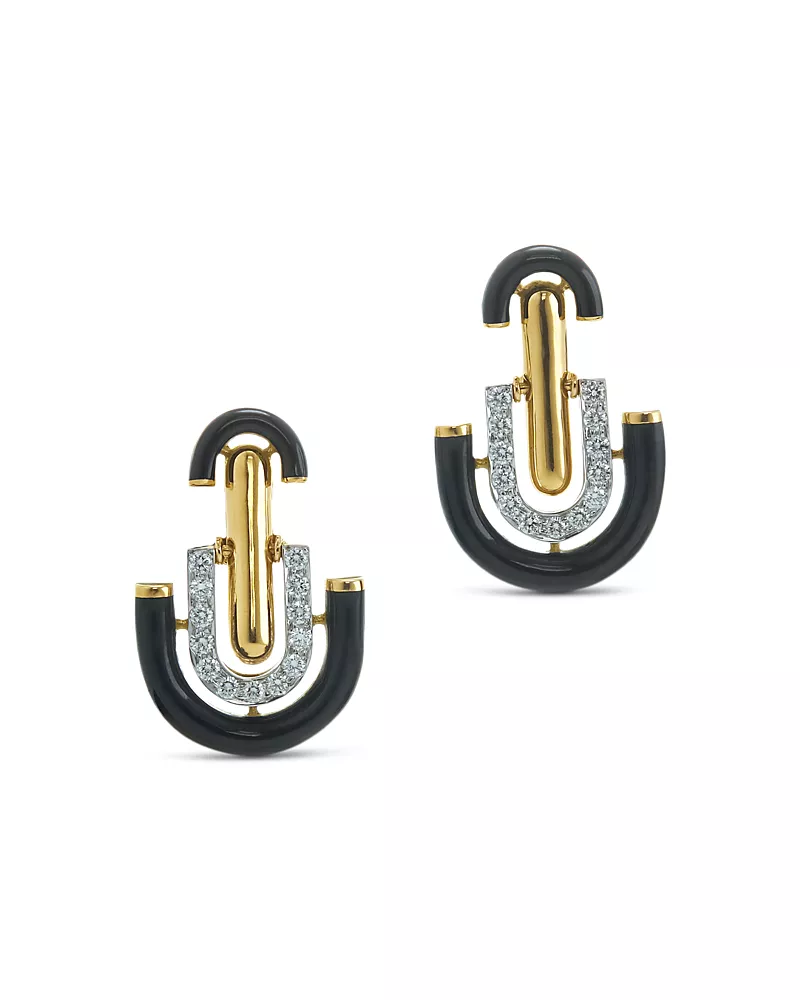 David Webb Platinum & 18K Yellow Gold Unity Diamond & Black Enamel Stud Earrings, 0.45 tcw