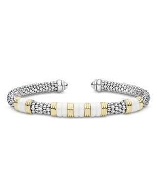 Sterling Silver & 18K Yellow Gold Blue Caviar Five Station Cuff Bracelet