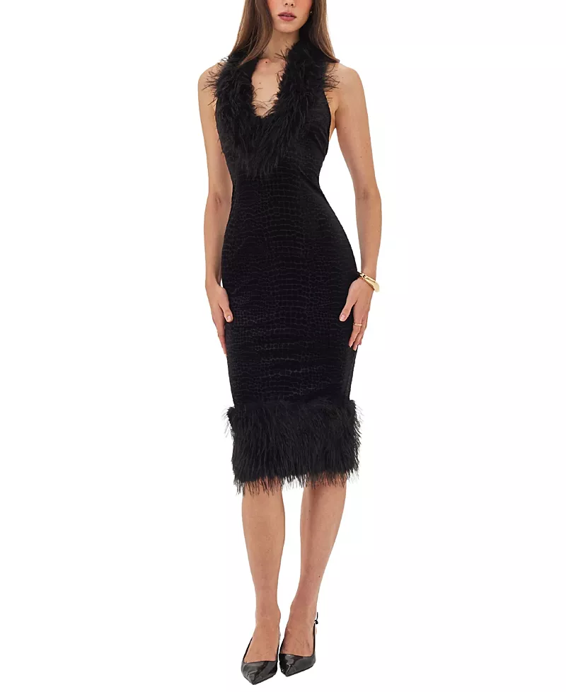 Miss Circle Onalee Croc-Embossed Velvet Fur Midi Dress