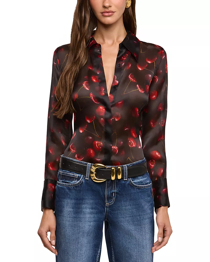 L'Agence Sona Cherry Print Sheer Silk Blouse