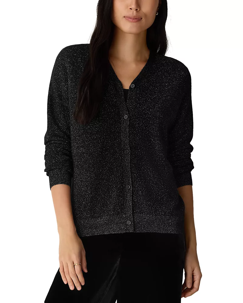 Eileen Fisher Metallic Merino Wool V Neck Cardigan