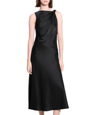 Twist Shoulder Satin Midi Dress