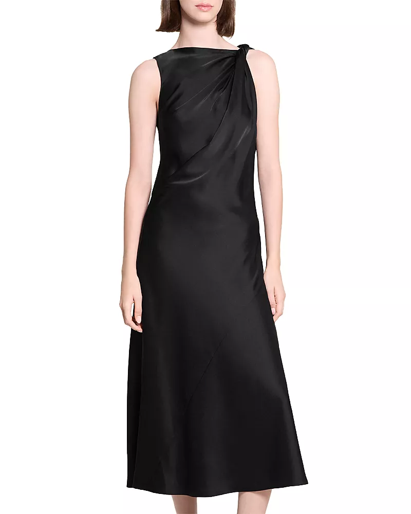 Theory Twist Shoulder Satin Midi Dress
