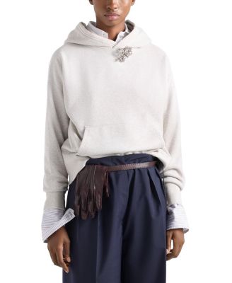 Cotton Fleece Hoodie with Jewel Brooch