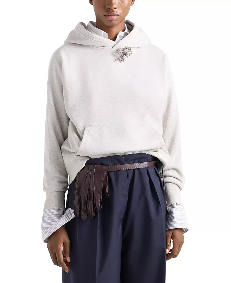 Prada Cotton Fleece Hoodie With Jewel Brooch