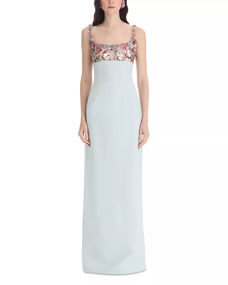 Oscar de la Renta Iris Wool Blend Beaded Bodice Gown