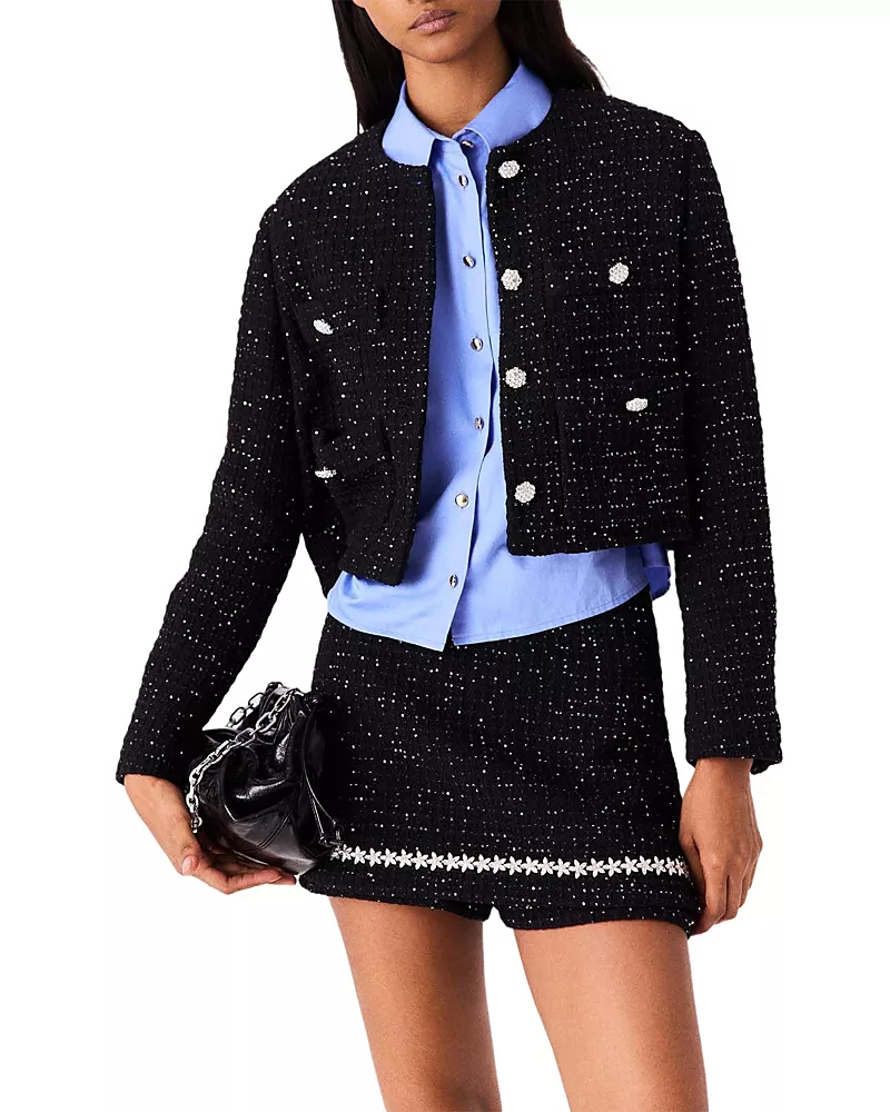 Maje Veralys Cotton Blend Cropped Sequinned Tweed Jacket