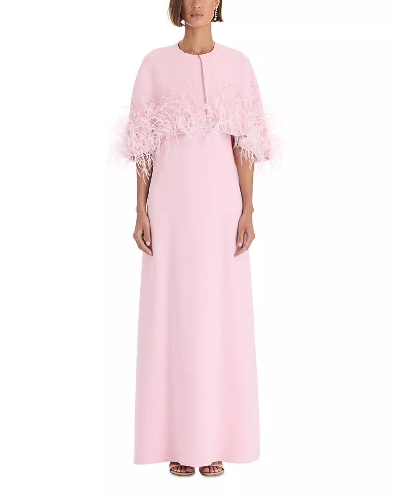 Oscar de la Renta Beaded & Feather Trim Silk Stretch Caftan