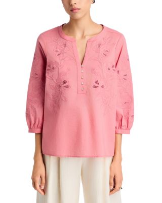 Applique Blooms 3/4 Sleeve Cotton Blouse