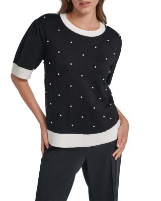Imitation Pearl Lattice Crewneck Sweater