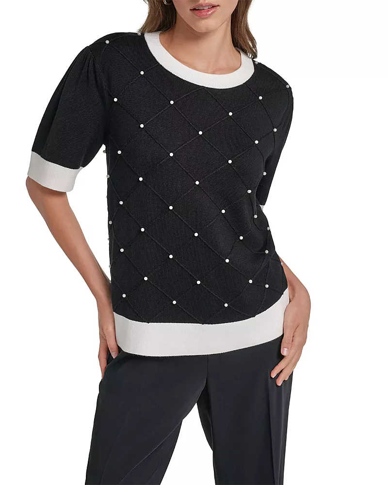 Karl Lagerfeld Paris Imitation Pearl Lattice Crewneck Sweater