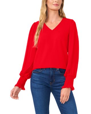 V Neck Smocked Cuff Blouse