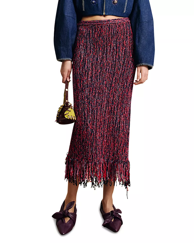 Alemais Nieve Sequined Fringe Knit Midi Skirt