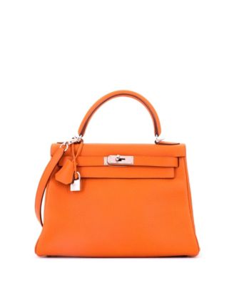 Kelly 28 Handbag Orange Clemence with Palladium Hardware