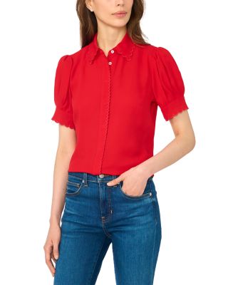Scallop Trim Puff Sleeve Button Up Top