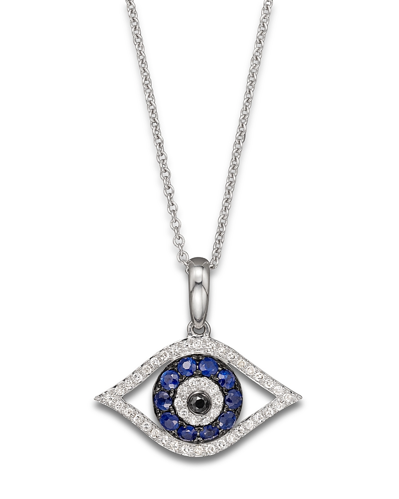 Diamond and Blue Sapphire Evil Eye Pendant Necklace in 14K White Gold, 18