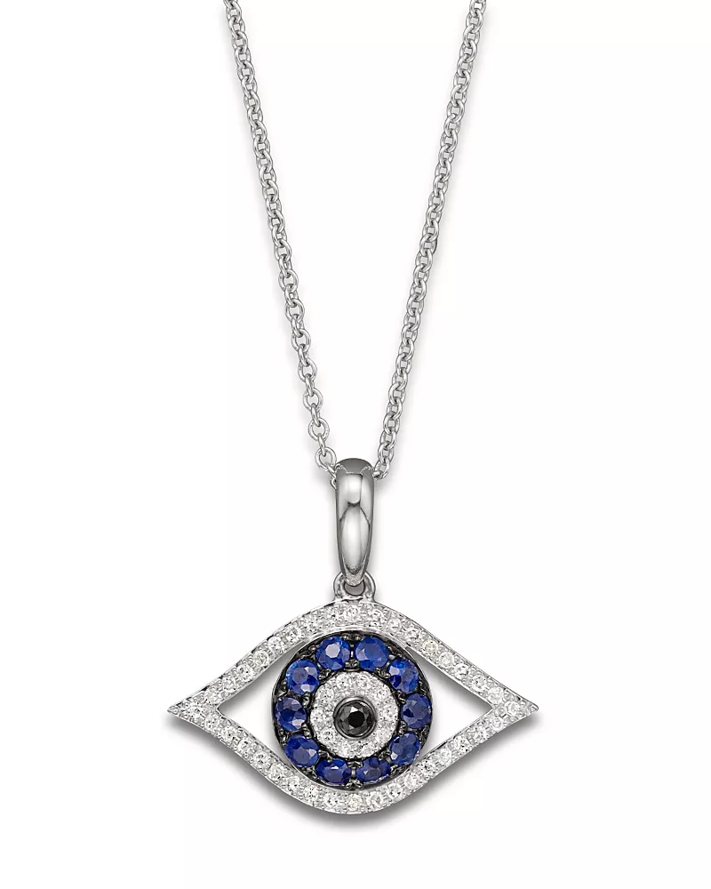 Diamond and Blue Sapphire Evil Eye Pendant Necklace in 14K White Gold, 18