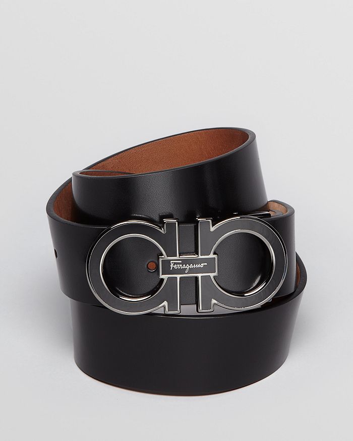 Salvatore Ferragamo Men's Enamel Double Gancini Leather Belt - 34 / Black