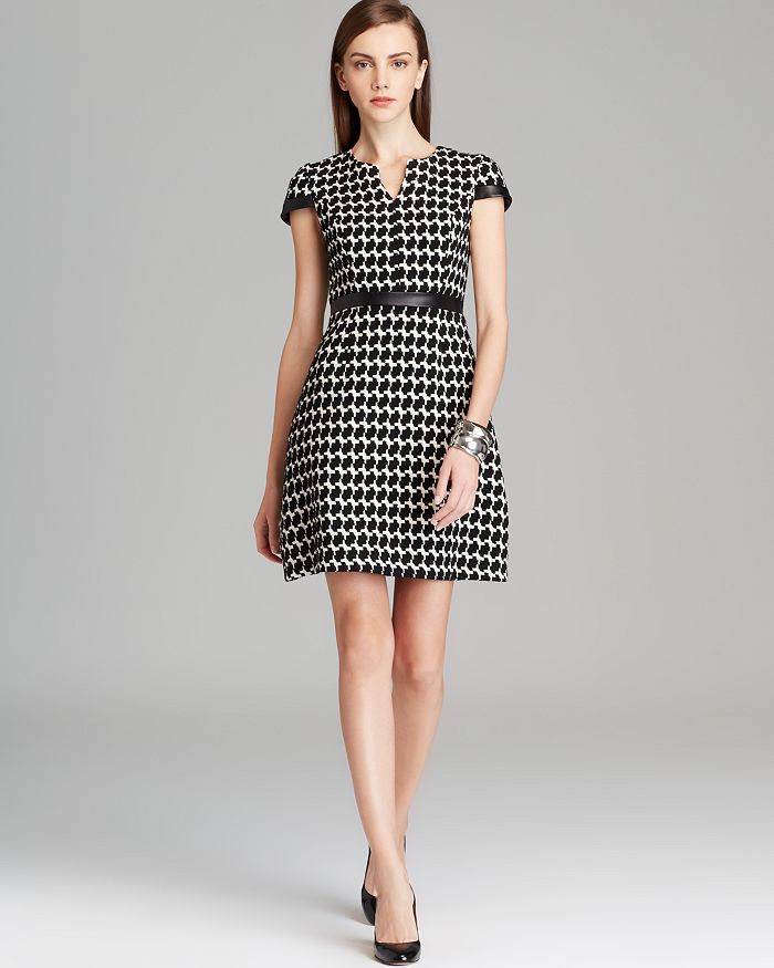 Shoshanna Leather Trimmed Houndstooth Jacquard Dress Reade