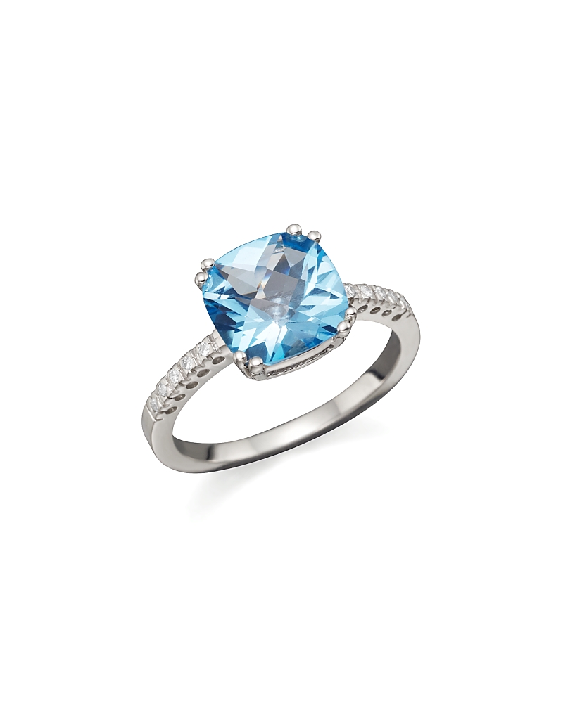 Blue Topaz Cushion Ring with Diamonds in 14K White Gold
