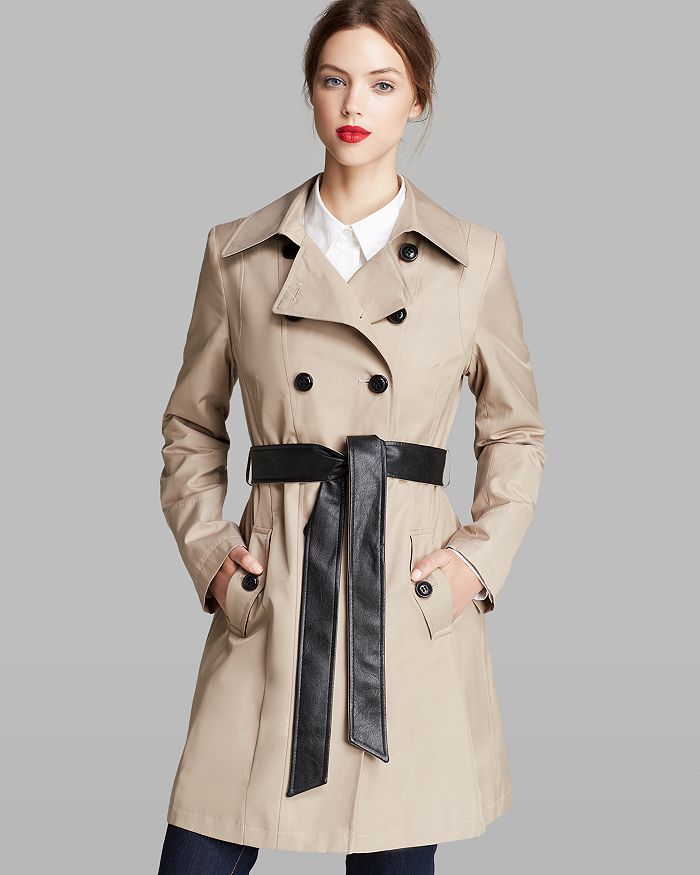 DKNY - Combo Contrast Faux Leather Belted Trench Coat