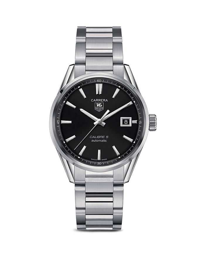 TAG HEUER CARRERA CALIBRE 5 STAINLESS STEEL AND BLACK DIAL WATCH, 39MM,WAR211A.BA0782