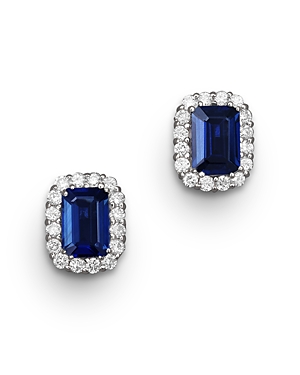 Blue Sapphire and Diamond Halo Stud Earrings in 14K White Gold - 100% Exclusive