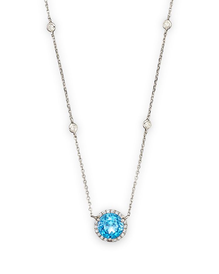Bloomingdale's Blue Topaz And Diamond Halo Pendant And Station Necklace In 14k White Gold, 16 - 100% Exclusive In Topaz/white