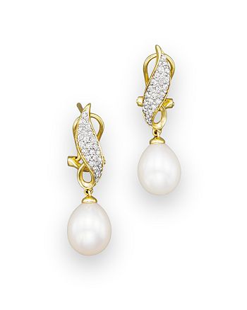 Bloomingdale's - Cultured Freshwater Pearl Drop Earrings with Diamonds in 14K Yellow Gold, 8mm&nbsp;- 100% Exclusive