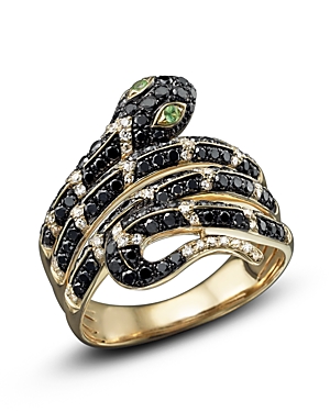 Black and White Diamond Snake Ring with Tsavorite in 14K Yellow Gold