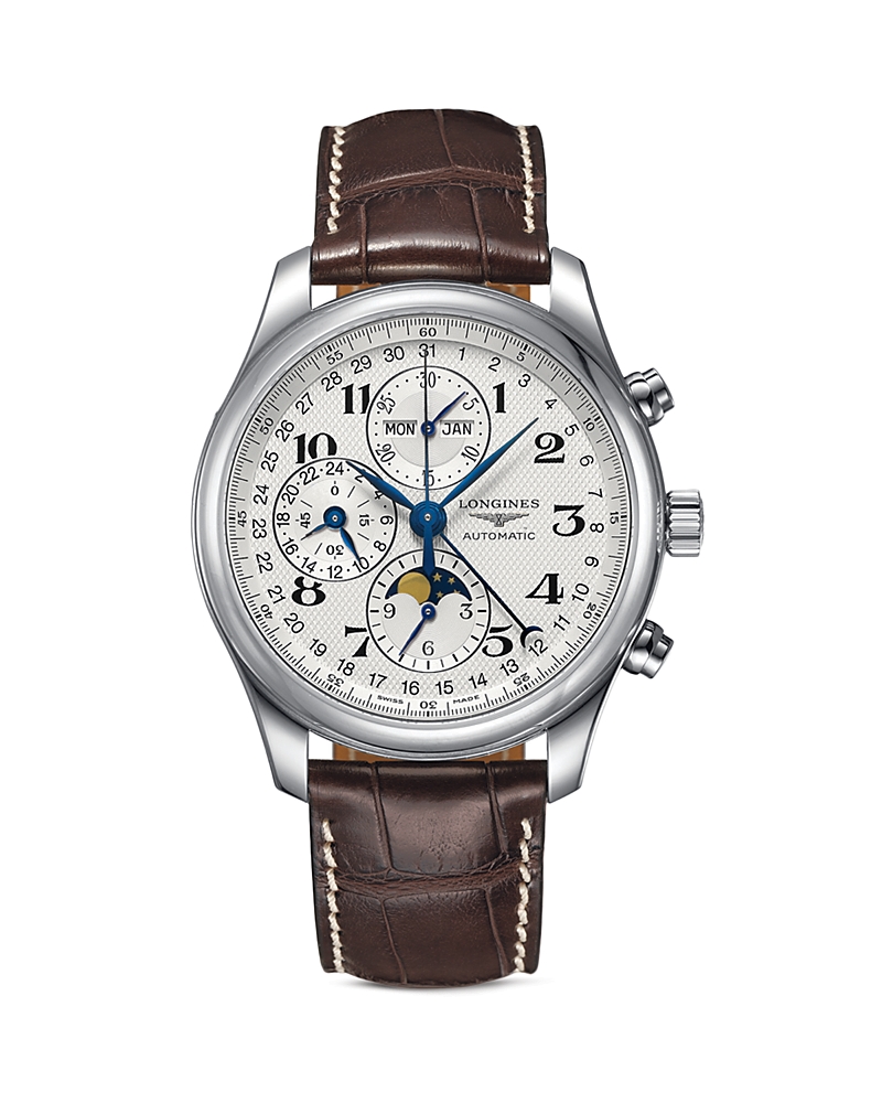 Longines Master Collection Moonphase 42mm Silver Chronograph Dial Leather Strap Men's Watch L2.773.4.78.3 In Silver/brown