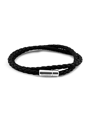 Tateossian Double Wrap Slim Scoubidou Bracelet in Black Leather with Silver Clasp