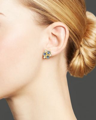 Temple St. Clair Classic Trio Earrings with Royal Blue Moonstone and Diamonds in 18K Yellow Gold
