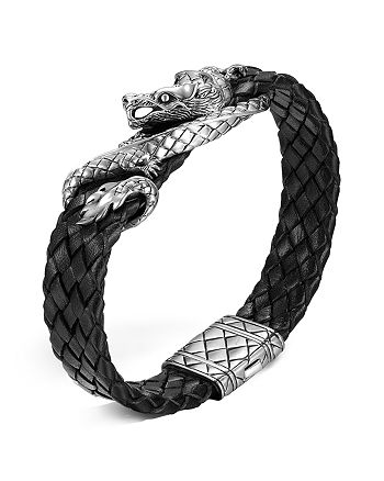 JOHN HARDY - Men's Naga Sterling Silver Dragon Woven Black Leather Bracelet