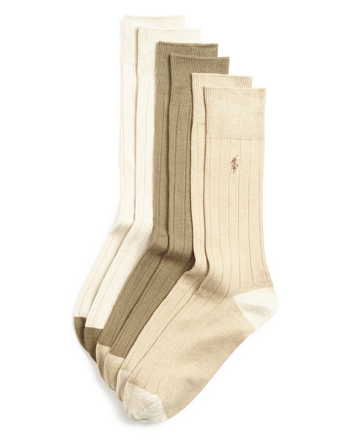 Shop Polo Ralph Lauren Ribbed Dress Socks, Pack Of 3 In Khaki Assorted