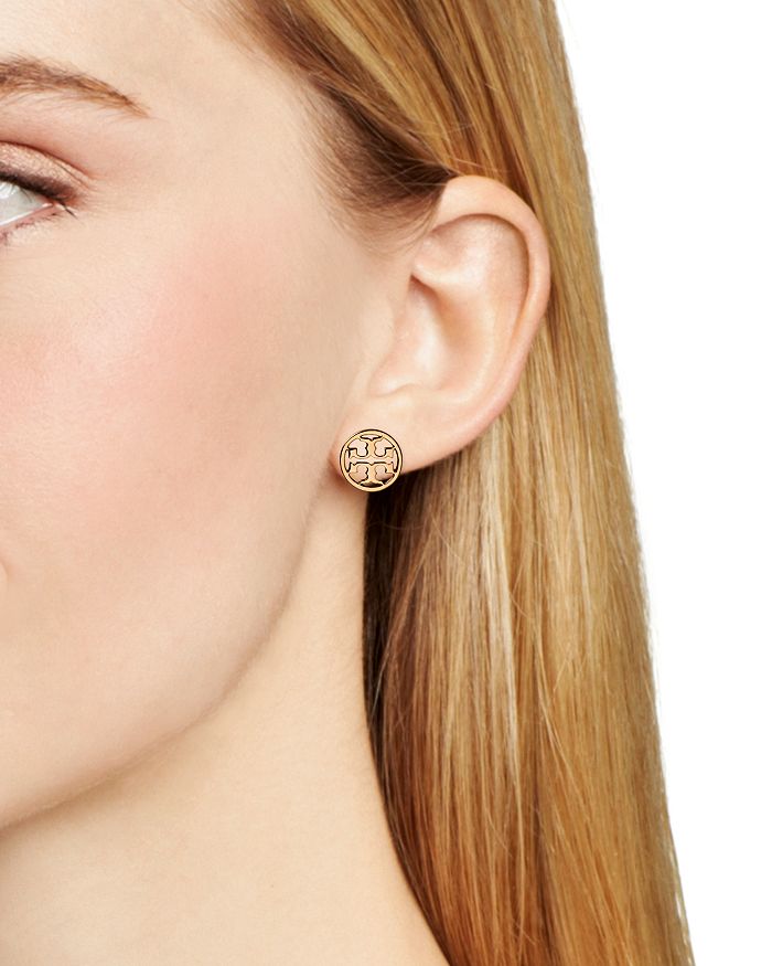 Shop Tory Burch Logo Stud Earrings In Rose Gold