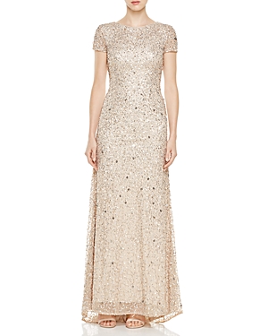 Adrianna Papell Short Sleeve Embellished Gown In Champagne
