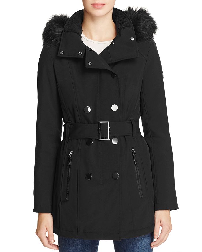 Calvin Klein Belted Faux Fur-trim Hooded Trench Coat In Black