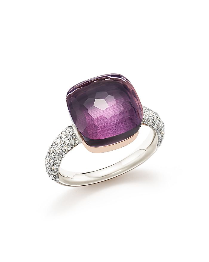POMELLATO NUDO MAXI RING WITH FACETED AMETHYST AND DIAMONDS IN 18K WHITE AND ROSE GOLD,PAB4010O6000DB0OI