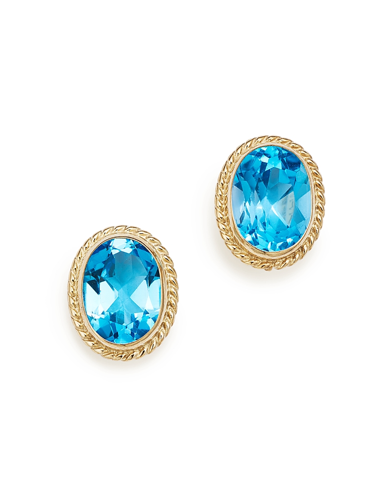 Blue Topaz Oval Bezel Stud Earrings in 14K Yellow Gold