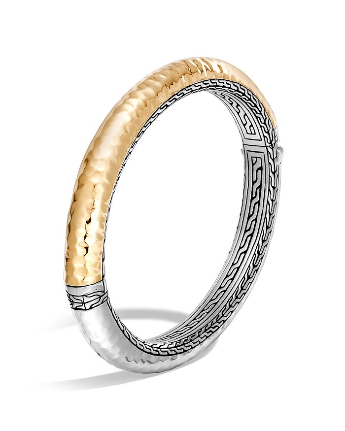 JOHN HARDY STERLING SILVER AND 18K BONDED GOLD CLASSIC CHAIN HAMMERED OVAL HINGED BANGLE,BZ999573XM