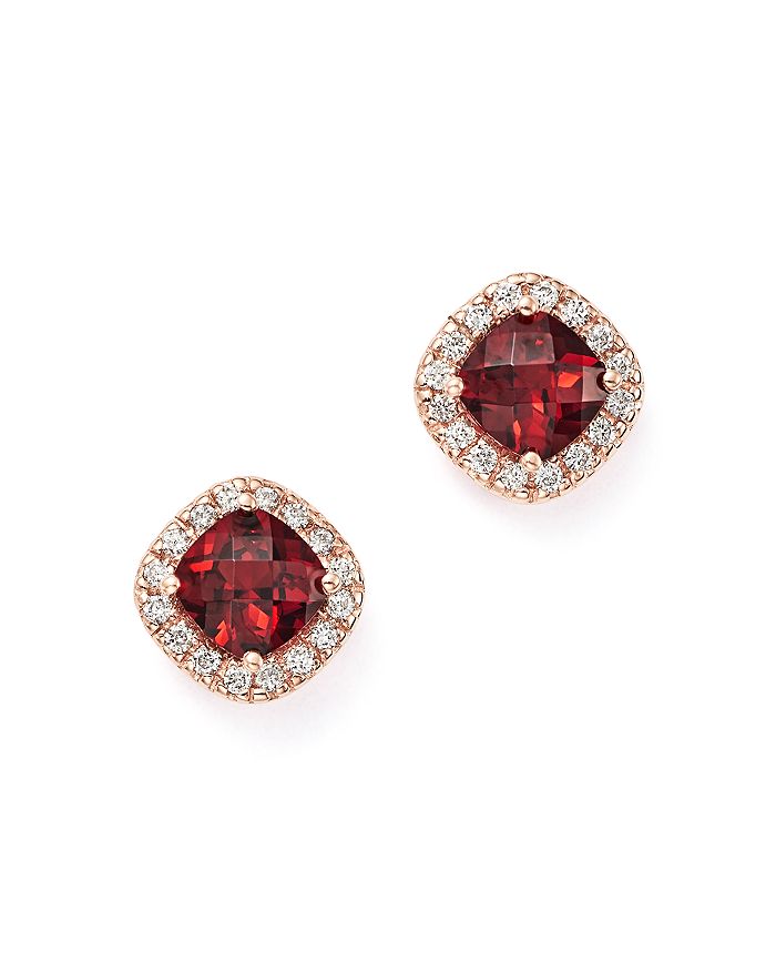 Bloomingdale's Garnet Cushion Cut And Diamond Stud Earrings In 14k Rose Gold - 100% Exclusive In Red/rose