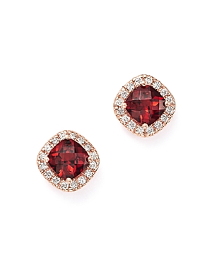 Garnet Cushion Cut and Diamond Stud Earrings in 14K Rose Gold - 100% Exclusive