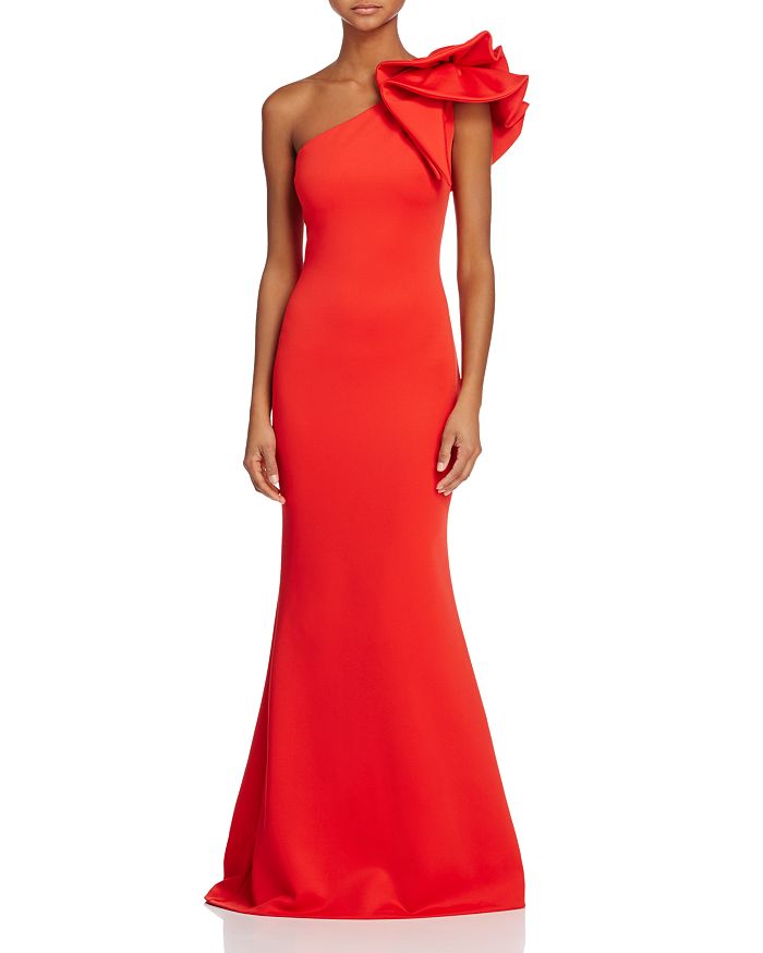 Avery G One-shoulder Ruffle Gown In Red