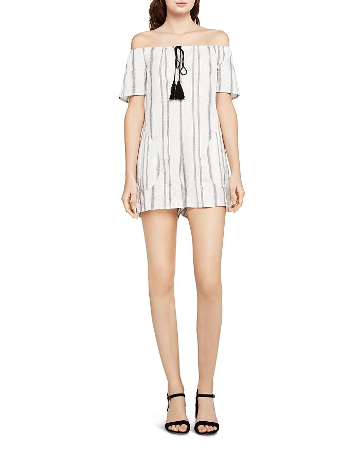 BCBGeneration Off the Shoulder Striped Romper Bloomingdale s
