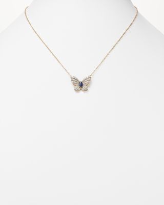 Diamond and Blue Sapphire Butterfly Pendant Necklace in 14K Yellow Gold, 17" 