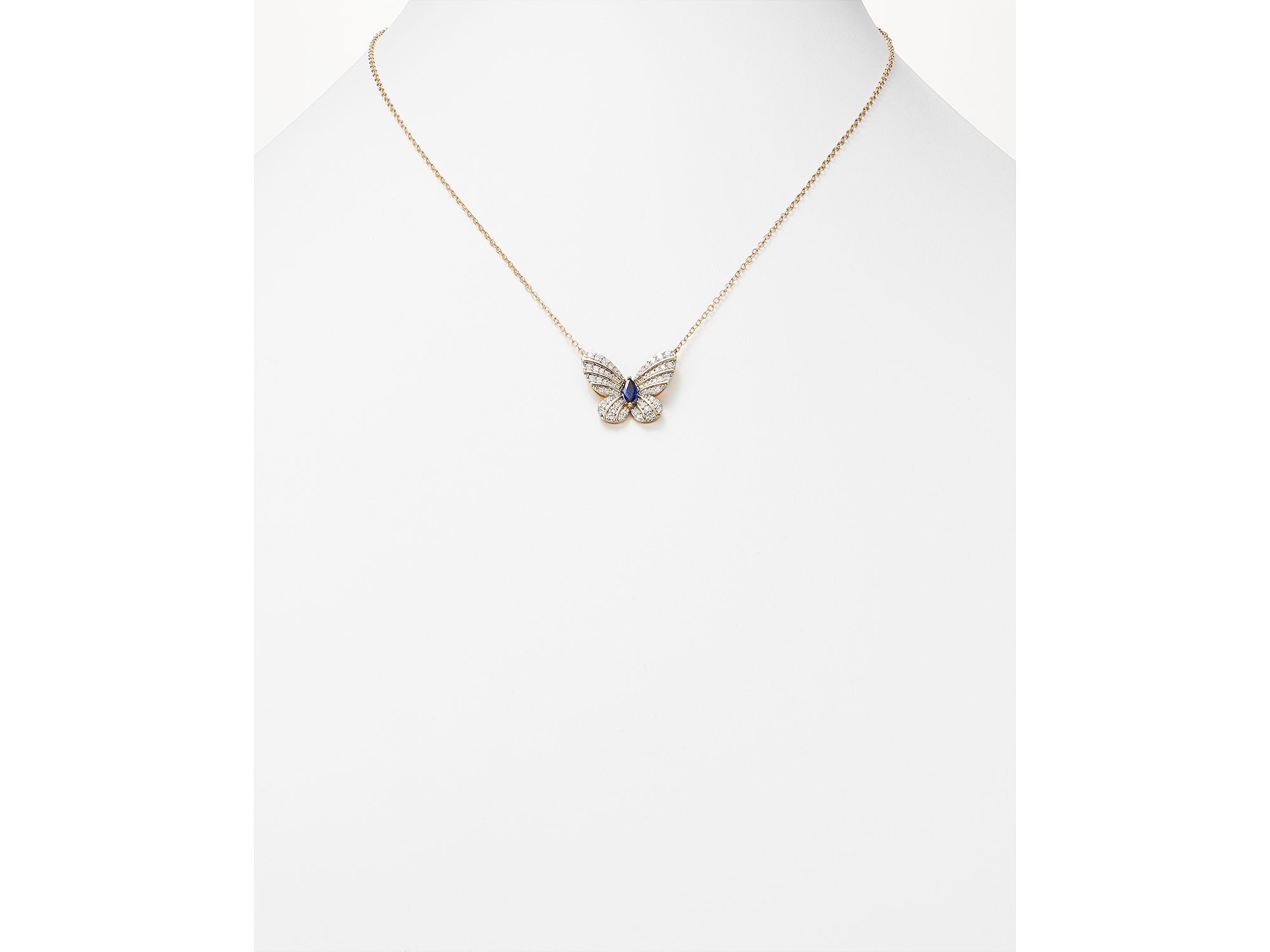 Diamond and Blue Sapphire Butterfly Pendant Necklace in 14K Yellow Gold, 17" — Image 3