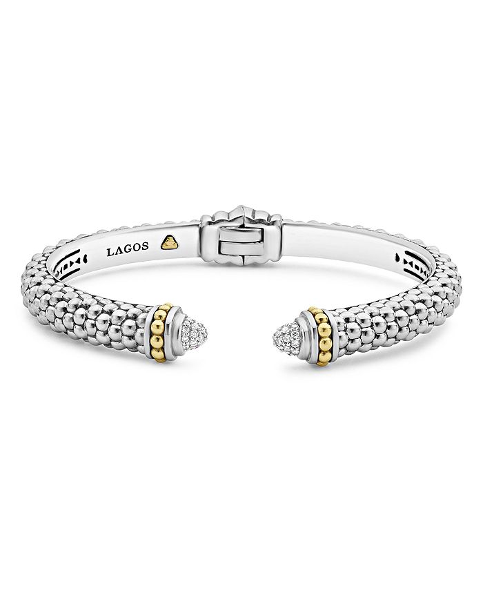Shop Lagos 18k Gold And Sterling Silver Caviar And Diamonds Cuff, 8mm In White/silver