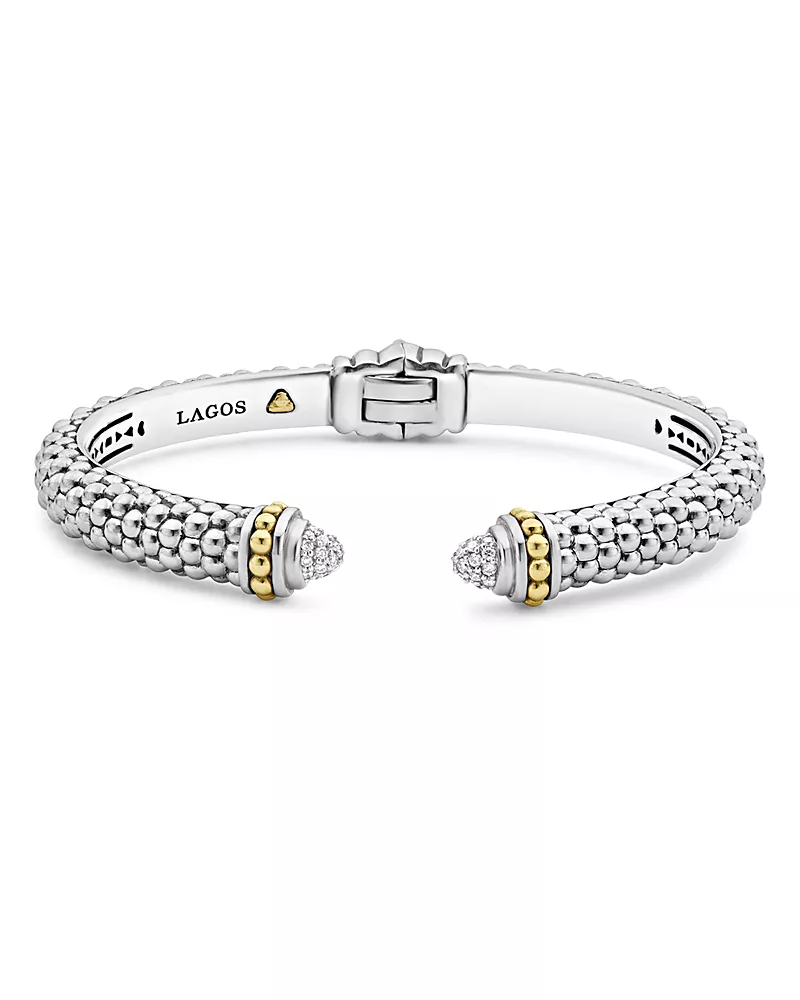 Lagos 18K Gold and Sterling Silver Caviar and Diamonds Cuff, 8mm