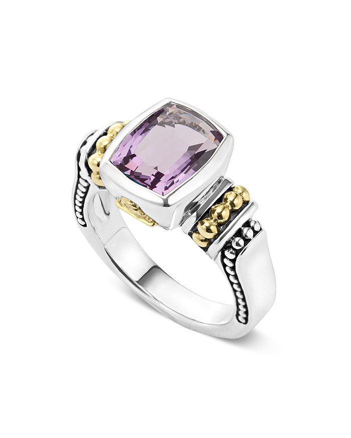 Shop Lagos 18k Gold And Sterling Silver Caviar Color Small Amethyst Ring In Purple/silver